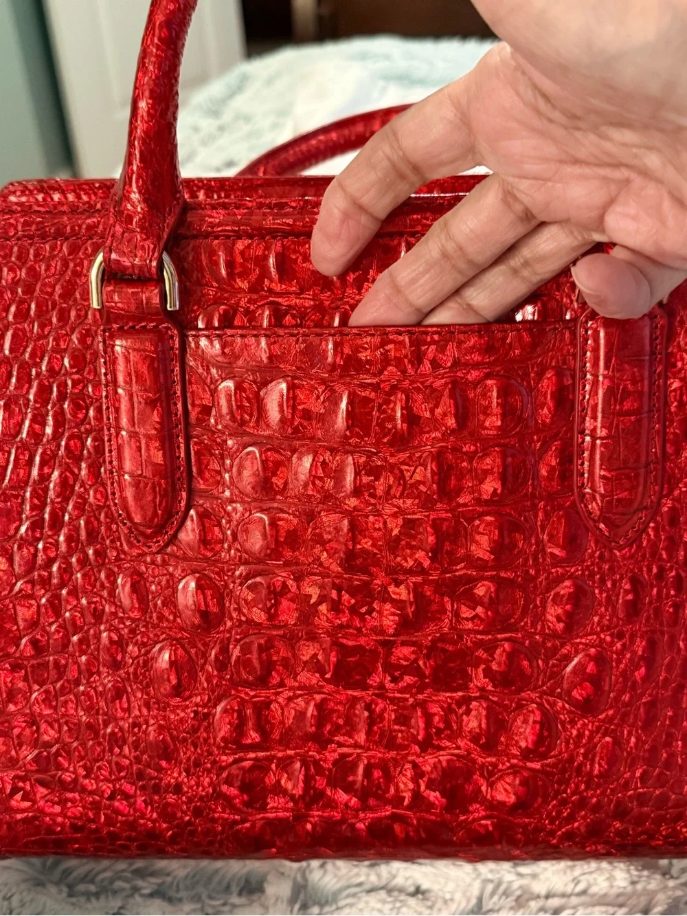 Glossy Red Croc-Embossed Satchel with Gold Accents teal leather